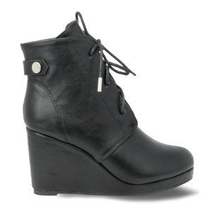 Black Pu Women's Round Toe Lace Up Wedge Heel